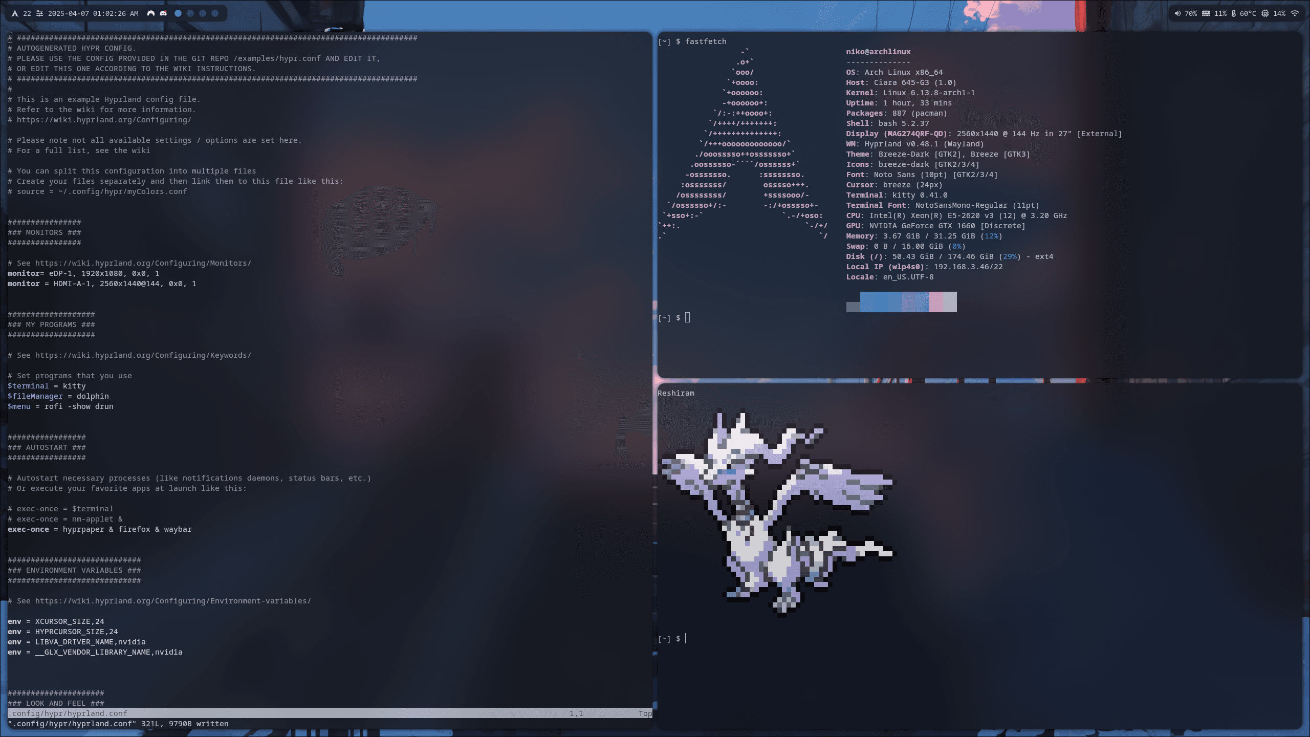 Screenshot of the dotfiles desktop setup running Hyprland on Arch Linux
